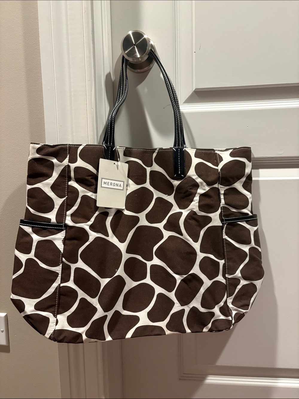 Merona Brown and White Giraffe-Print Canvas Tote